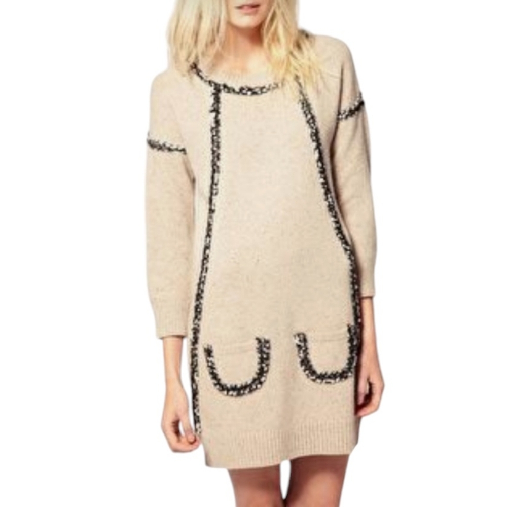 SEE BY CHLOÈ Wool Knit Dress Jumper Mini Dress Pockets Tan Black White Sparkle - Picture 1 of 9